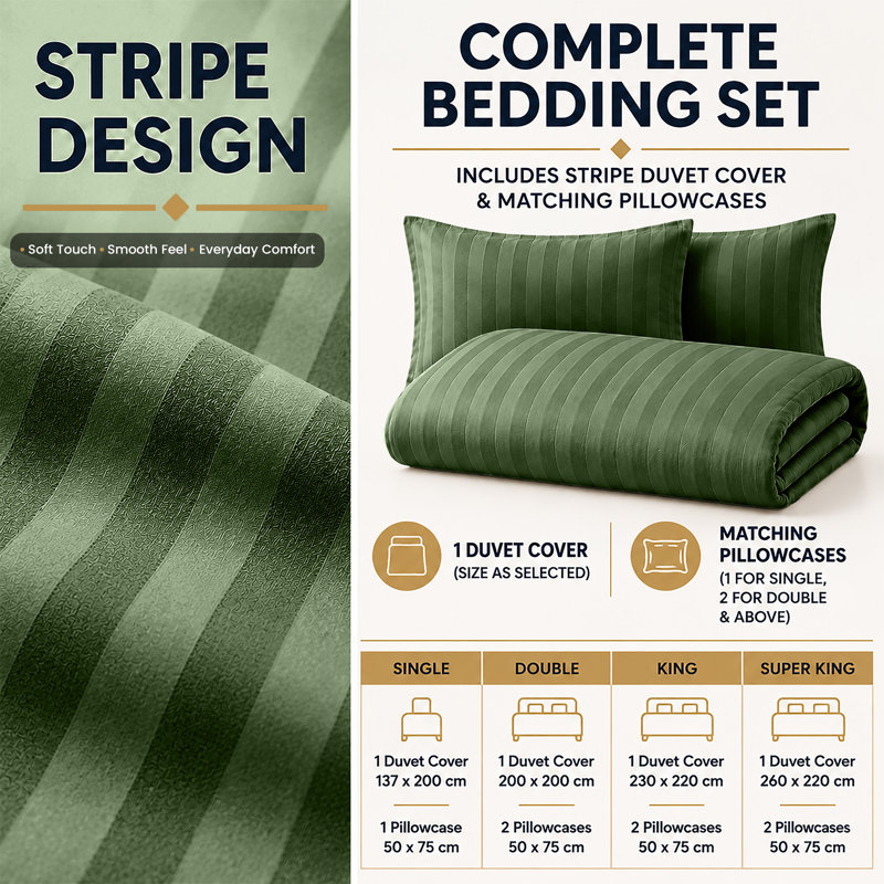 Haffa Microfiber Striped Duvet Cover Set with Pillowcases, Single Duvet Cover + 1 Standard Pillowcase, Olive Green