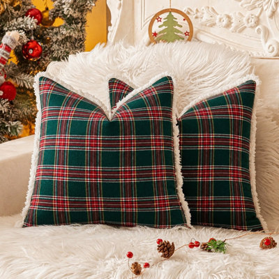 18 x 18 Inch Christmas Plaid Pillow Covers with Trim