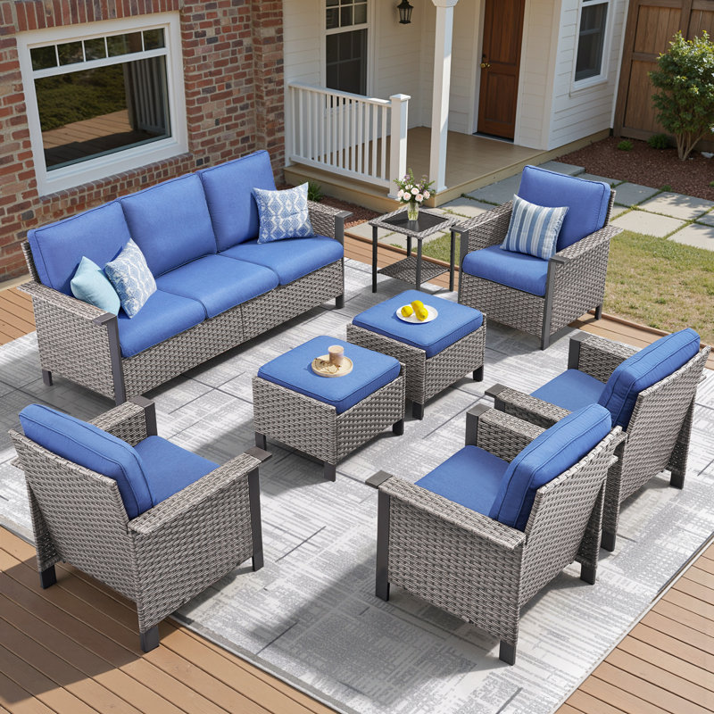 Coady 7-9 Person Outdoor Courtyard Wicker Family Conversation Set Group With 4 Armchairs, Gray, Blue