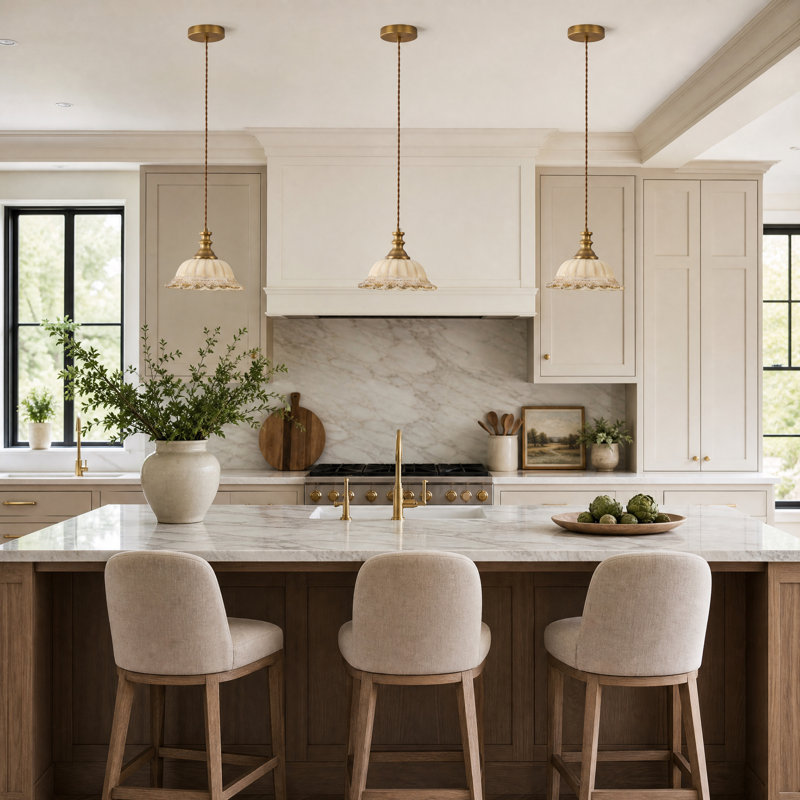9.45"W Brushed Copper-finish Vintage Glass Pendant Light, 6.69" H x 9.45" W x 9.45" D, Beige, Brushed Copper