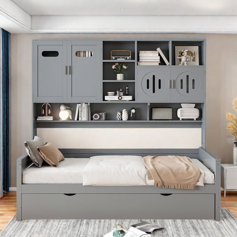 Aleyssa Daybed With Storage Shelves, Charging Station, Led And Trundle, Gray, Twin