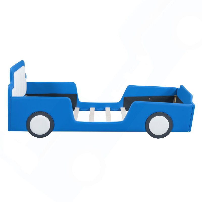 Twin Size Race Car-Shaped Platform Bed With Wheels, Blue