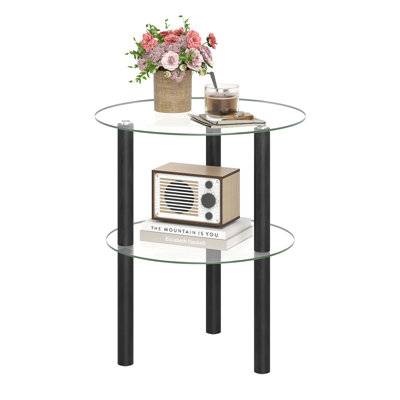Round End Table, 2-Tier Sofa Side Table with Clear Tempered Glass Top & Shelf Clear & Black