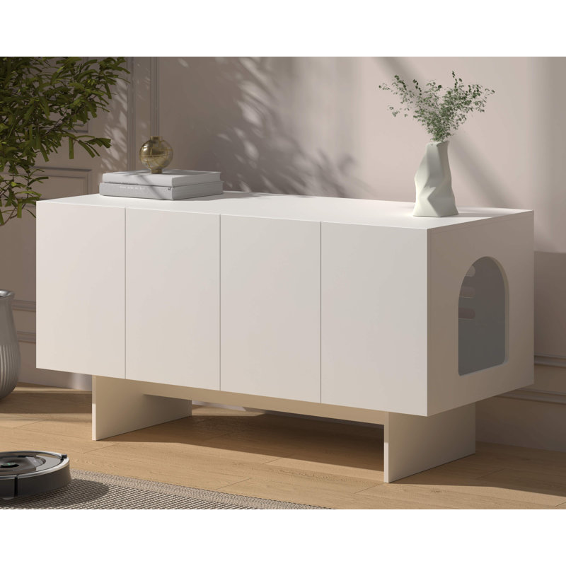 Cat Litter Box Enclosure Furniture with Double Room for 2 Cats, Scandi Style(White), White