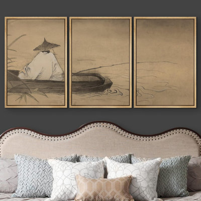 Pêcheur chinois classique sur le lac, nature sauvage, illustrations, art moderne, culture