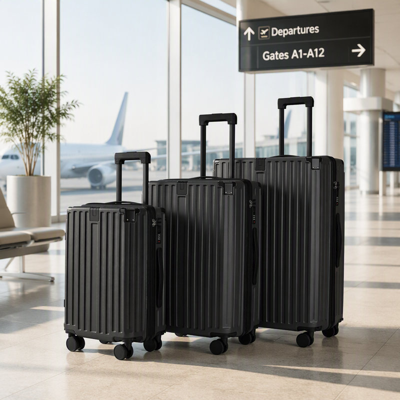 Ensemble de valises rigides en graphite 3 pièces en ABS, valises de voyage multifonctionnelles avec porte-gobelet pliable et roulettes amovibles, convient aux vacances de voyage / aux voyages d'affaires / à la vie universitaire
