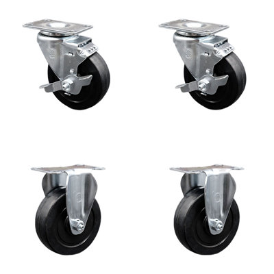 4 Piece Soft Rubber Top Plate Caster Set with 2 Brakes and 2 Rigids