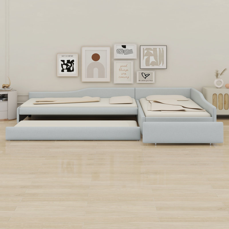 Upholstered Double Daybed With Trundle And Drawer, Beige