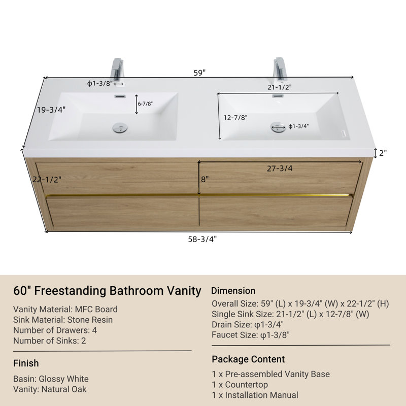 Meuble-lavabo mural 60 po avec lavabo double, meuble de rangement flottant pour salle de bain avec comptoir en résine de pierre et tiroirs à fermeture en douceur, gris cendré 24V15-60DAG