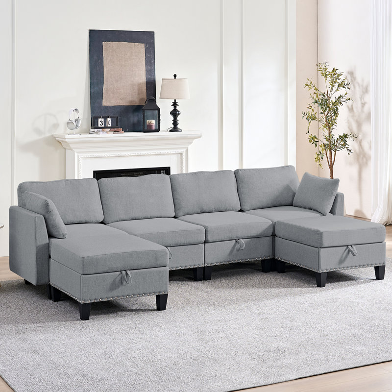 Canapé modulaire en lin avec repose-pieds, Gris clair