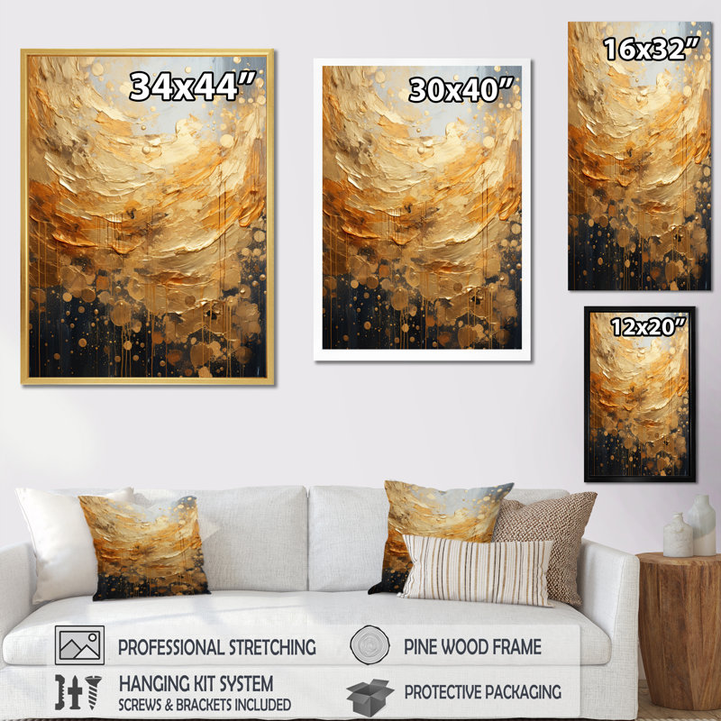 Or gris doré Gleam II - collages abstraits, impressions sur toile, H 40 po x l 30 po x P 1,5 po, Cadre flottant noir