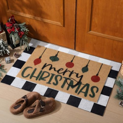 2 Pcs Christmas Coir Doormats Outdoor Merry Christmas Welcome Door Mats Layered Buffalo Plaid Front Door Rugs Non Slip Floor Mats For Porch Entryway Indoor Outdoor Décor