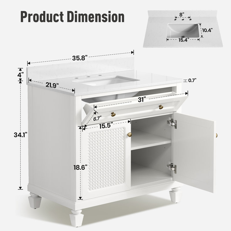 36" Free Standing Single Bathroom Vanity with Engineered Marble Top, Ceramic Sink, Backsplash, White