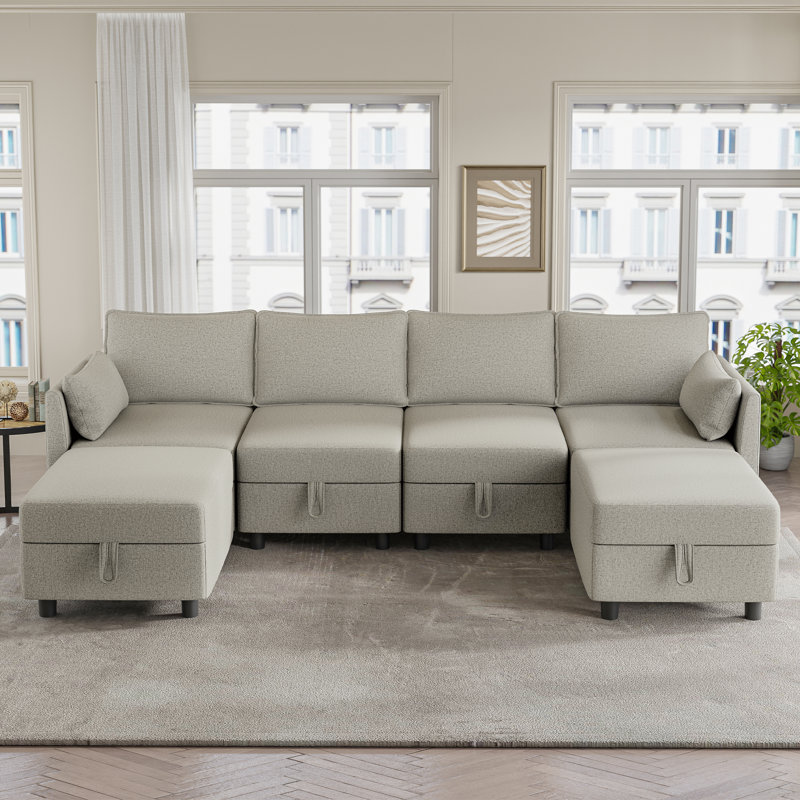 Canapé modulaire rembourré 6 pièces avec rangement sous le siège 6 pièces, Mélange de polyester blanc cassé
