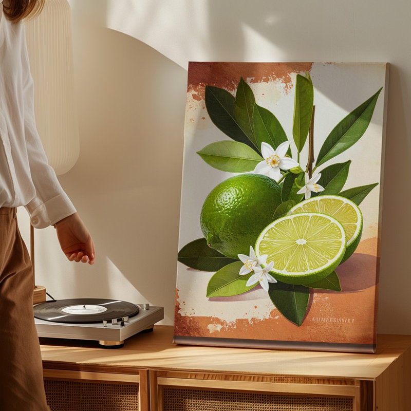 Art mural sur toile, illustration de lime botanique, détail de lime vert avec agrumes prêt à accrocher, H 30 po x l 30 po