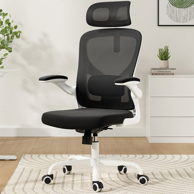 Chaise de bureau ergonomique avec appui-tête et soutien lombaire réglable, conception à haut dossier pour un confort maximal et une correction de la posture, blanc et noir