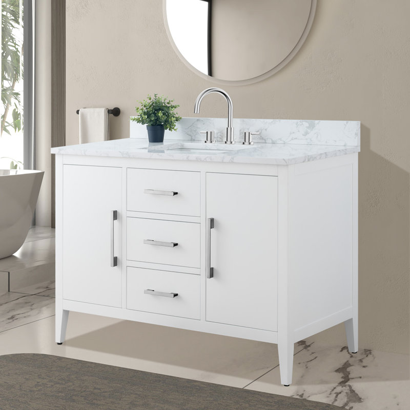 Meuble-lavabo simple 48 po avec plateau en marbre, Nickel brossé, Blanc