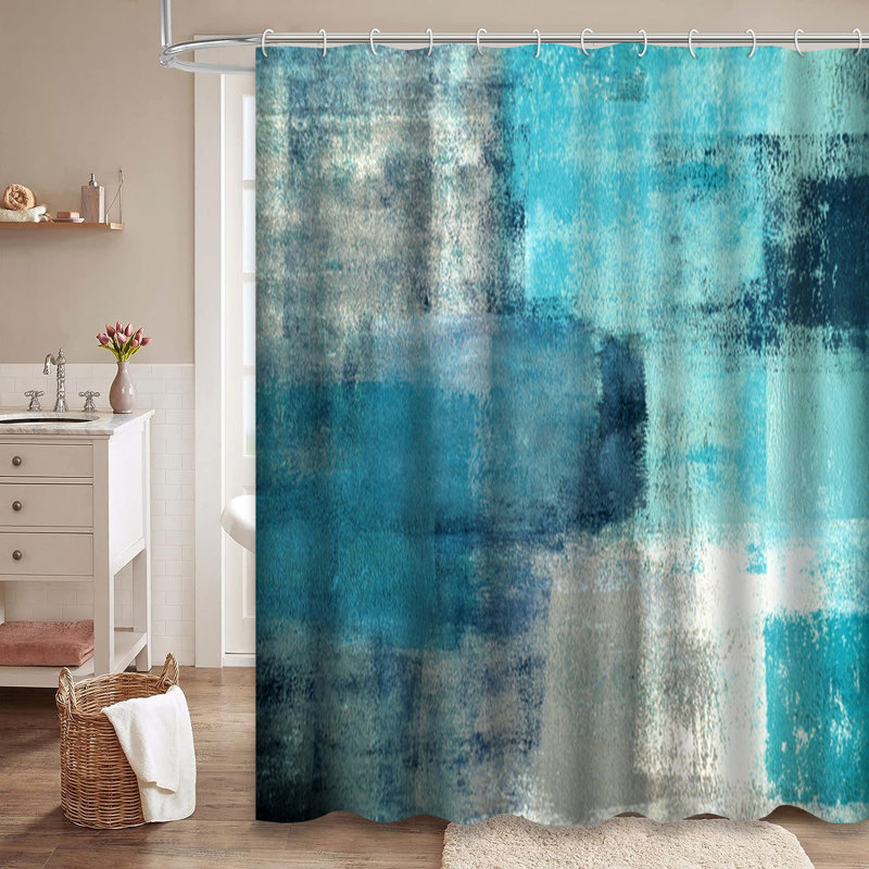 Rideau de douche à motif abstrait turquoise 12 crochets, L 72 po x l 84 po