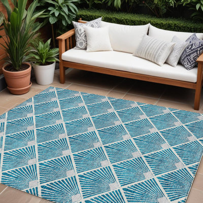 Tapis intérieur / extérieur bleu sarcelle et ivoire lavable HomeRoots 8 pi x 10 pi