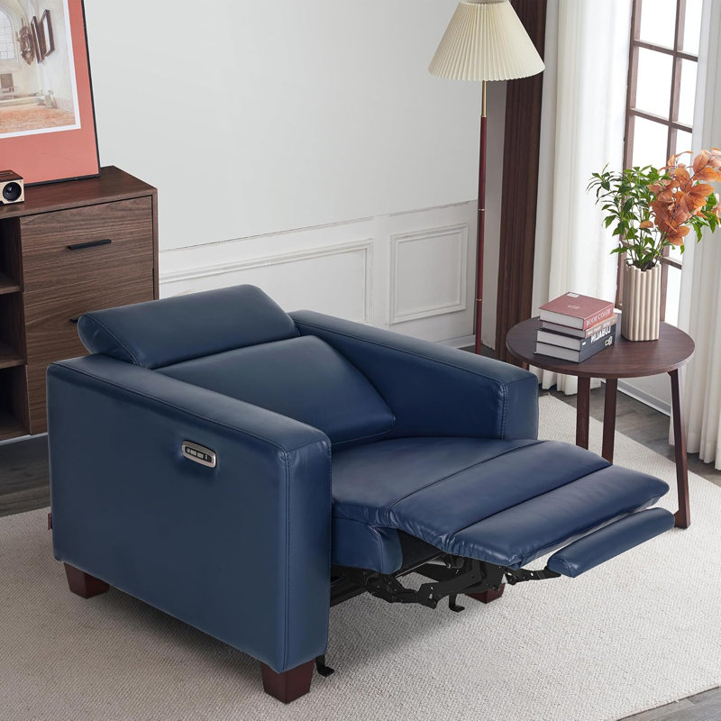 Wall-hugger Power Recliner, High Leg Recliner with Adjustable Headrest, for Small Spaces, Faux Leather, Blue