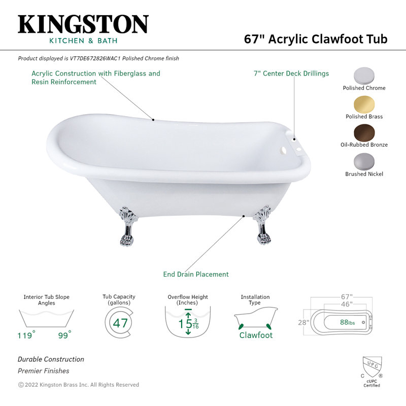 Kingston Brass Aqua Eden 67-Inch Acrylic D-Shaped Single Slipper Clawfoot Tub (7-Inch Faucet Drillings), White/Brushed Nickel