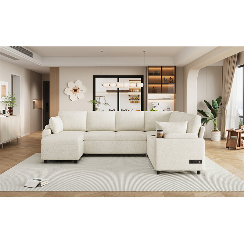 109.9" Sectional Sofa Versatile Sofa Bed Sofa Sleeper U-Shaped Sofa With Ample Storage Space, Beige Chenille