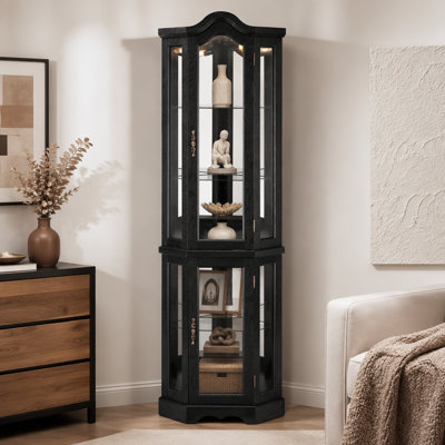 Vitrine de coin lumineuse avec portes et tablettes en verre trempé - Rangement élégant en chêne pour le salon et la chambre à coucher - Noir