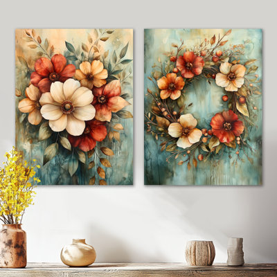«Farmhouse Wreath», ensemble de 2 reproductions d'art mural en métal botanique
