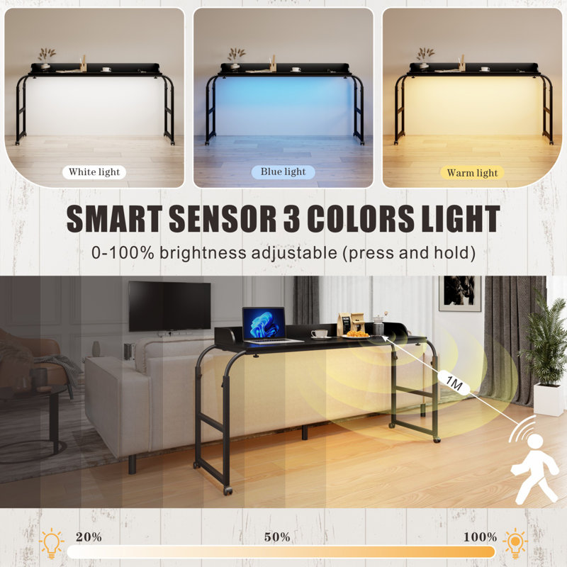 Vlsrka 69.29"-86.61" Adjustable Overbed Table With Wheels: 3-Color Smart Light, 32.67"-39.37" Height Rolling Desk (Queen/Full Size) W/ 3-Side Baffle (30Lbs Capacity)