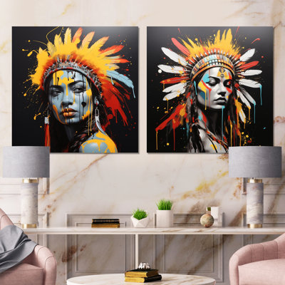 Yellow And Black Indian Native Woman Beauty I - Woman Indian Metal Wall Art Square Set Of 2