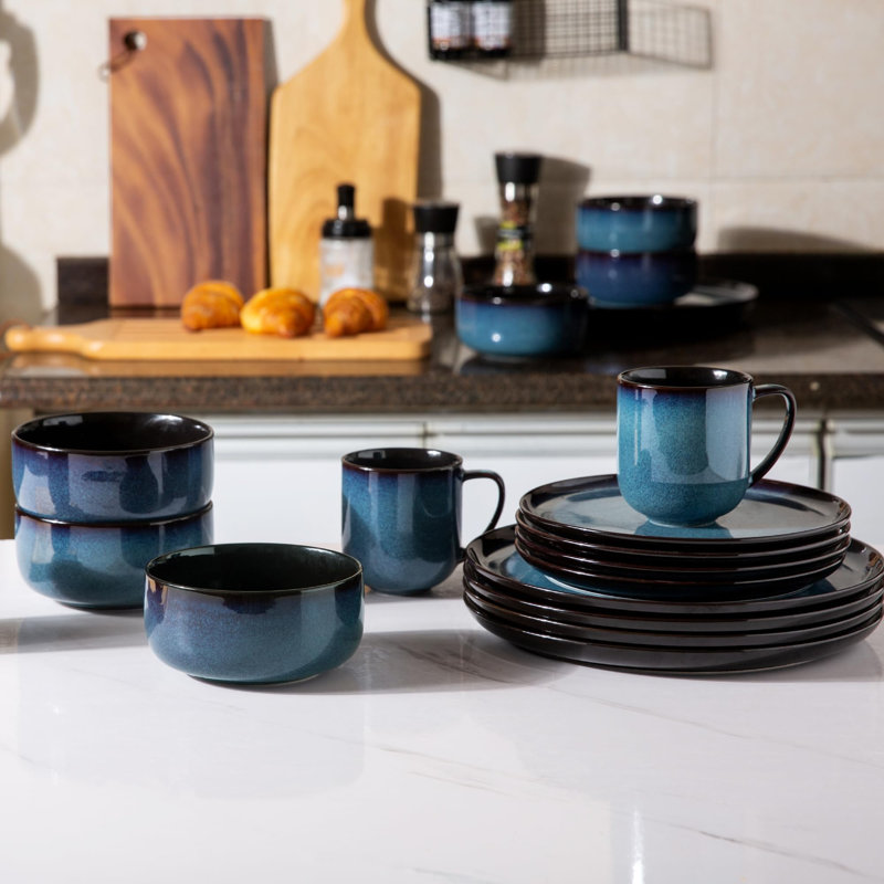 Blue Ceramic Reactive Glaze Dinnerware Set for 4