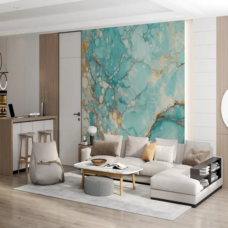 Murale de luxe turquoise et marbre doré, L 236 po x l 117,96 po