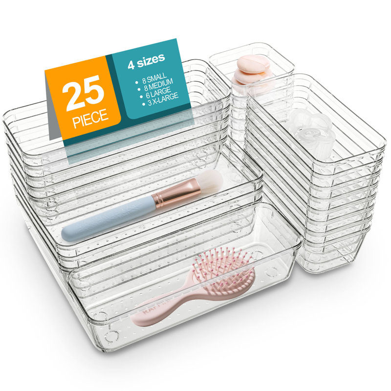 Ensemble de 25 organisateurs de tiroirs en plastique transparent Stelive, 4 plateaux de rangement polyvalents pour salle de bain et meuble-lavabo, contenants et bacs de rangement antidérapants