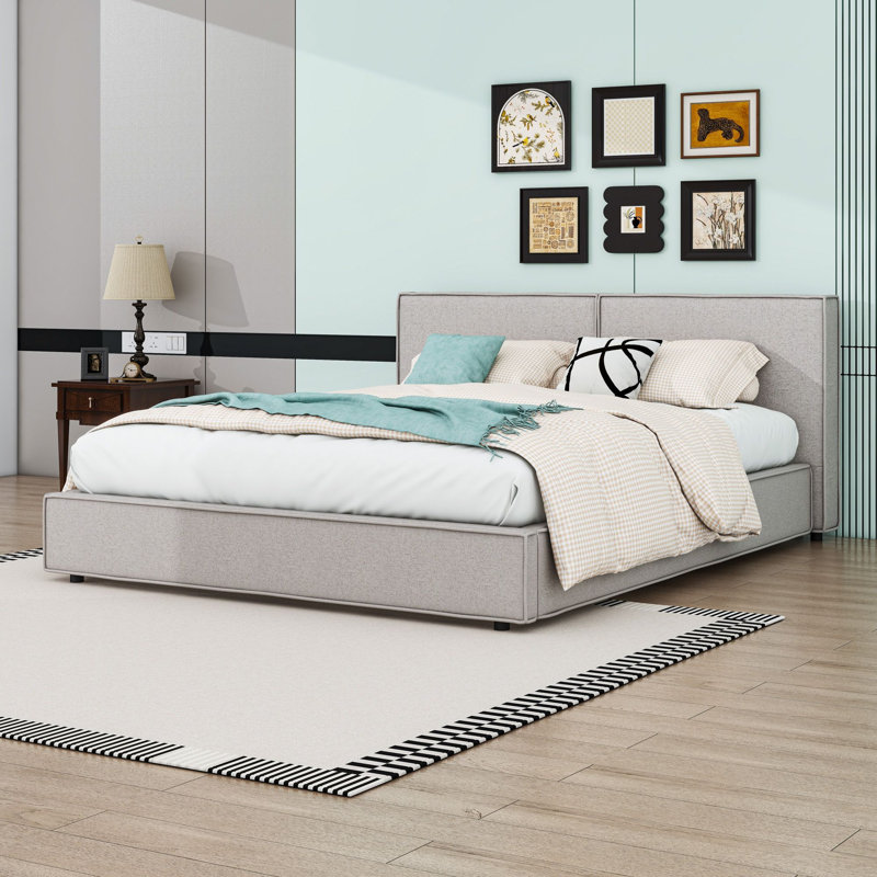 Grand lit plateforme tapissier en lin avec tête de lit, Beige