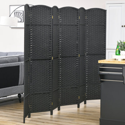 Paravent de 5,6 pi de hauteur, paravent pliable 6 panneaux. Noir pour la chambre à coucher et le bureau personnel. Cloison autoportante avec captation tissée à la main et cloison supérieure arquée, écran. Bureau, chambre à coucher.