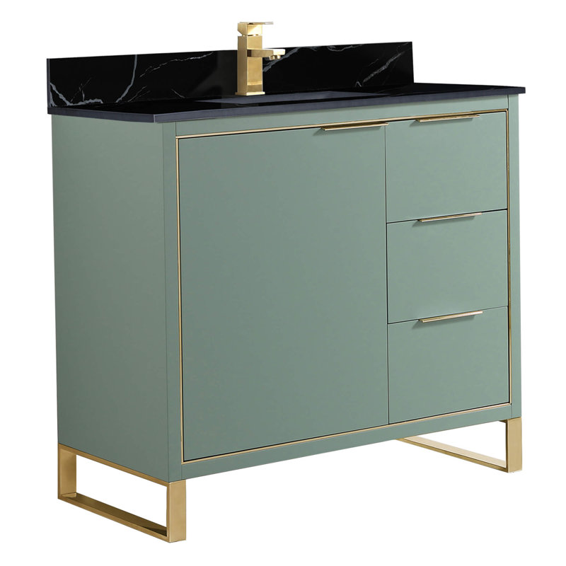 Meuble-lavabo sur pied simple 36 po avec plateau en pierre Gesel, Vert menthe, Laiton satiné, Noir