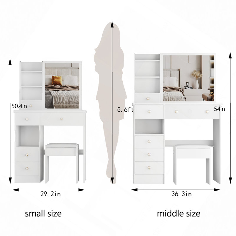 Table de coiffeuse de 29,2 po avec tiroir gauche, tabouret rembourré, miroir coulissant à droite, rangement multi-couches à grande capacité, commode pratique et pratique, convient aux petits espaces