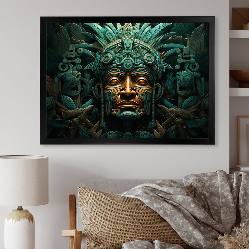 Maya Magic Aztec Mask I - Art mural mexicain, H 34 po x l 44 po x P 1,5 po, Cadre simple noir