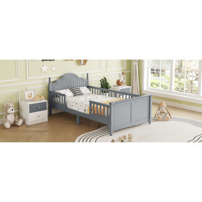 Lit simple pour lit simple, plateforme en bois gris avec tête de lit et rails pleine longueur, escalade sécuritaire à profil bas, sous le rangement