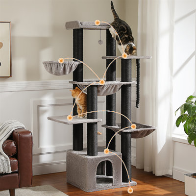 Arbre à chat XXL, tour pour chat robuste de 67 po pour grands chats adultes avec 13 poteaux à griffer épais (Φ4,3), grand perchoir, condo spacieux, hamac - pour Maine Coon jusqu'à 20 lb