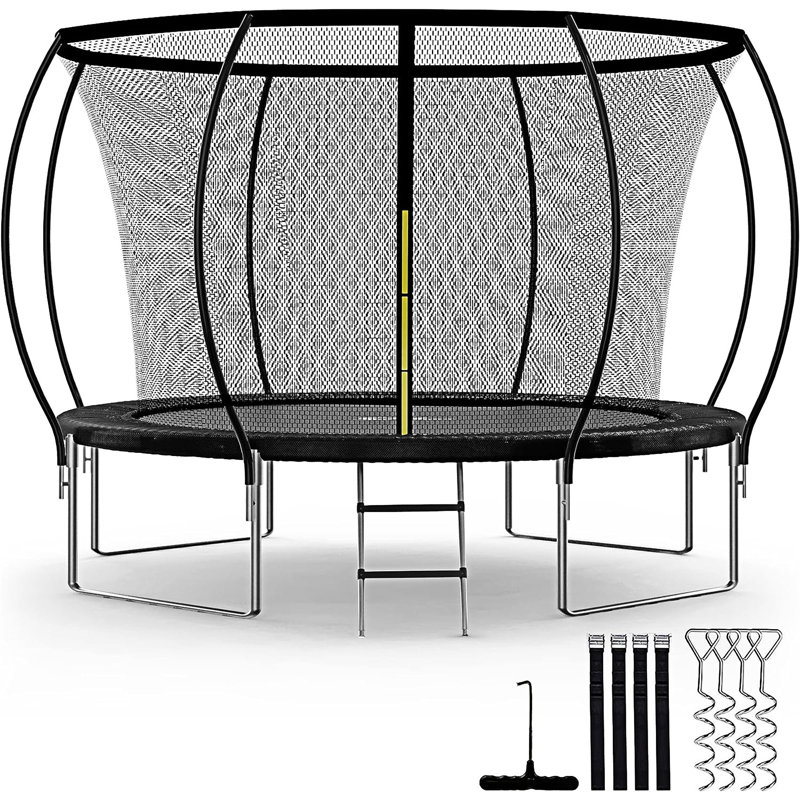 12 ft Black Round Recreational Trampoline with Enclosure Net