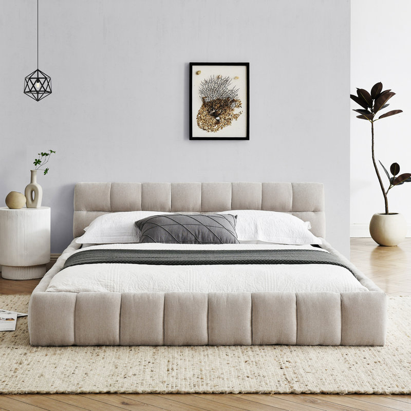 Structure de lit tapissier avec tissu épais, lit plateforme en chenille avec tête de lit et structure solide, Beige