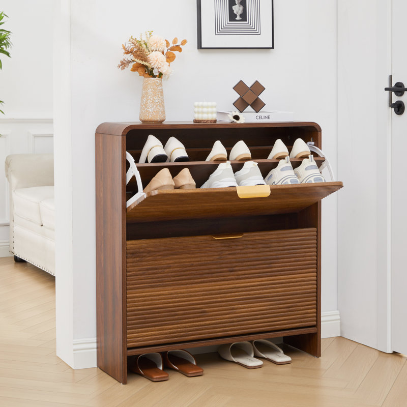 16 Pair Shoe Storage Cabinet With 2 Flip Drawers, Walnut