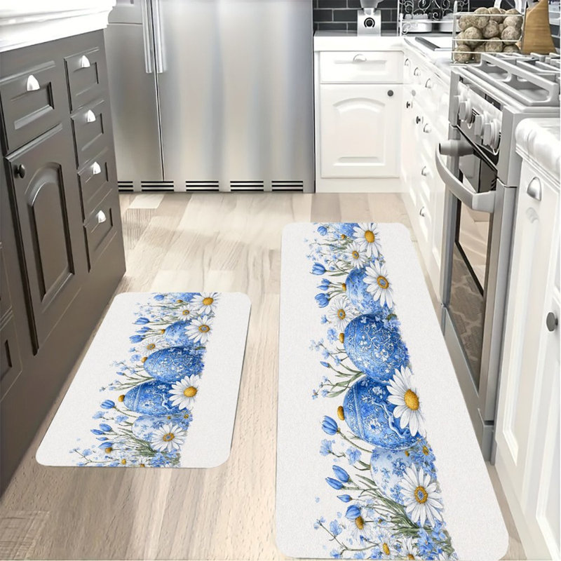 Oeufs décorés bleus, 2 tapis de cuisine antidérapants