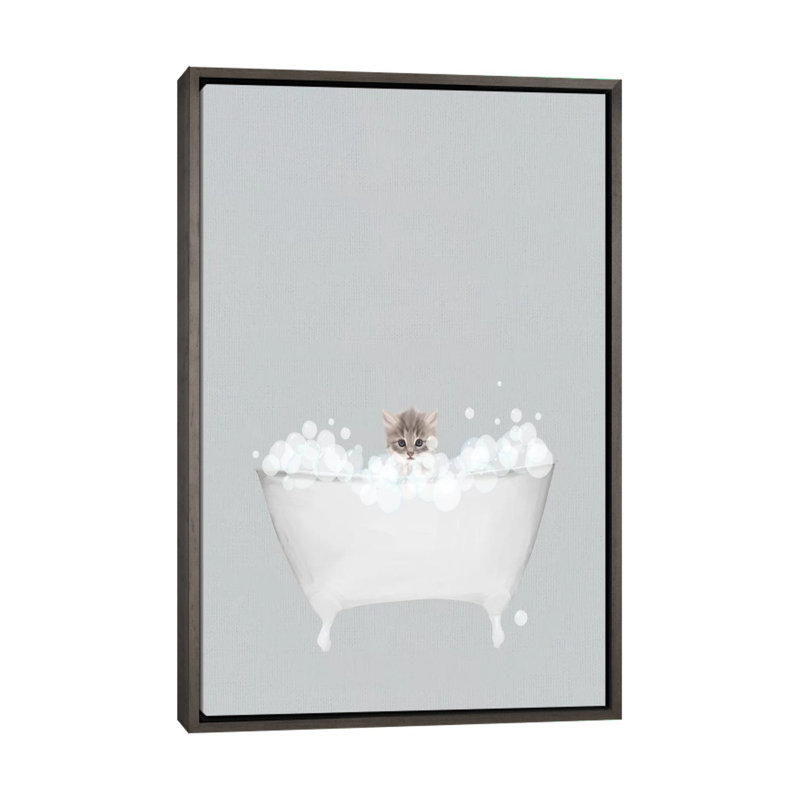 Bain bleu chaton par Leah Straatsma-reproduction d’art, H 26 po x l 18 po x 1,5 po, Toile avec cadre gris, Pas de tapis