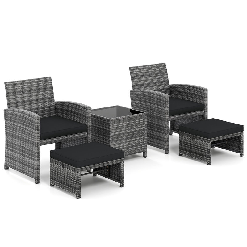 5 Pieces Patio Furniture Set PE Wicker Lounge Chairs w/ 2 Ottomans Outdoor, Black
