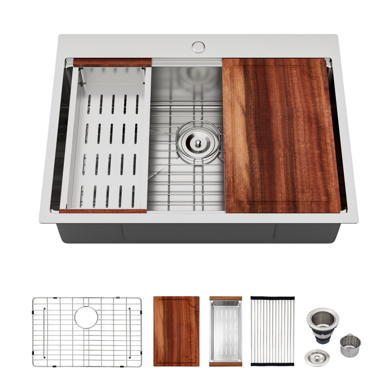 33" L x 22" W Drop-in Workstation Kitchen Sink 16 Gauge Stainless Steel Kitchen Sink Topmount Sink