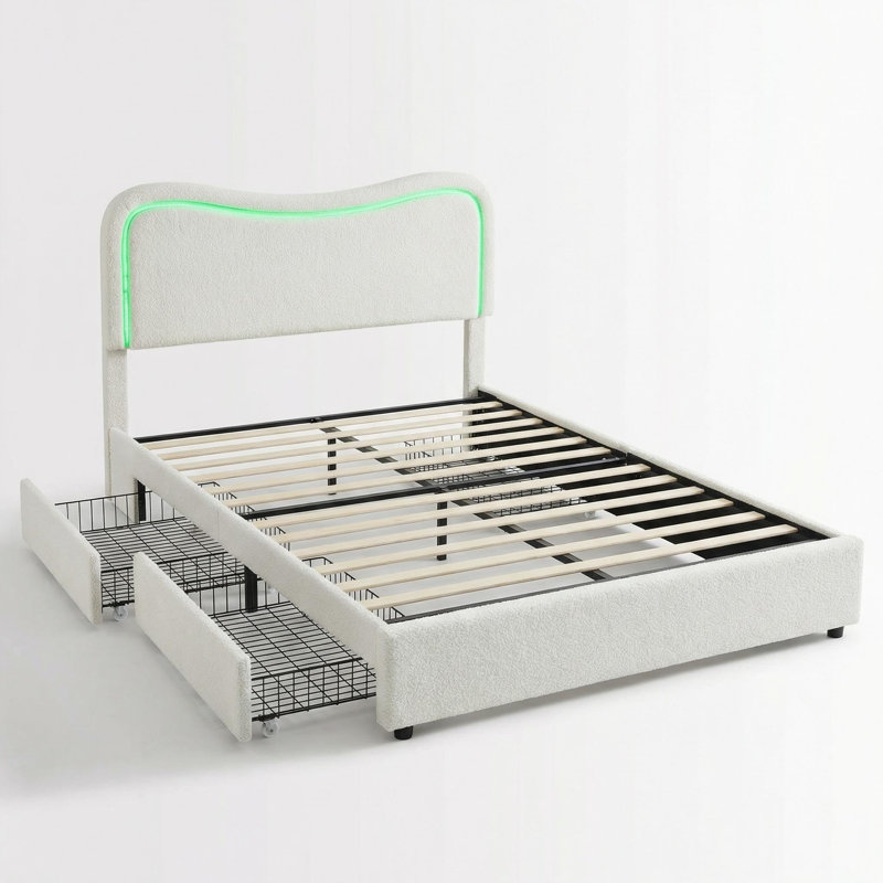 Structure de lit, structure de lit tapissier avec tête de lit à DEL RVB et 2 tiroirs de rangement roulants verrouillables, support à lattes en bois silencieux, capacité de 750 lb pour les enfants et les adolescents