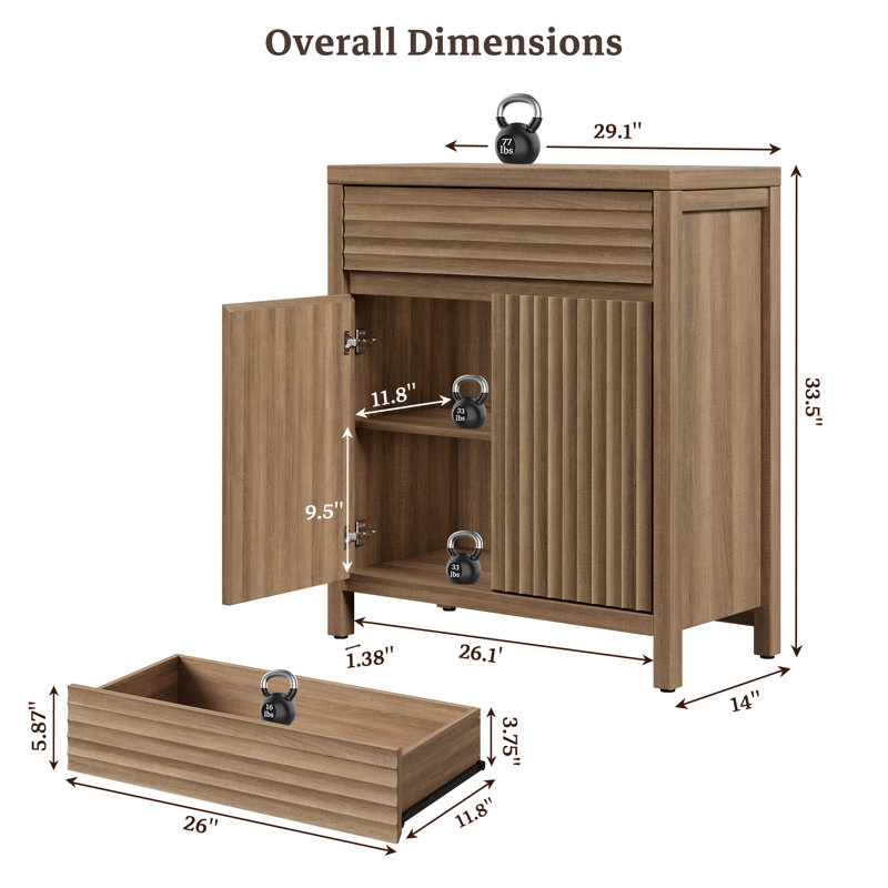 29.1''W Modern Fluted Elegance Sideboard Buffet Cabinet With 1 Drawer And 2 Adjustable Shelves, Caramel Oak, Individual