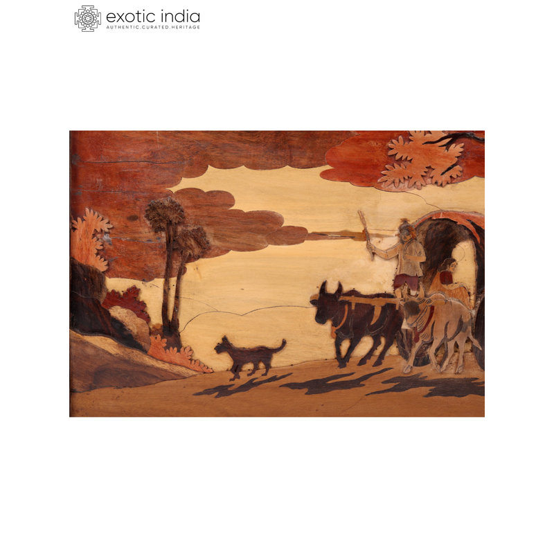 Handcrafted Bullock Cart 3D Wood Inlay Wall Art | 24-Inch Rustic Indian Village Scene Panel